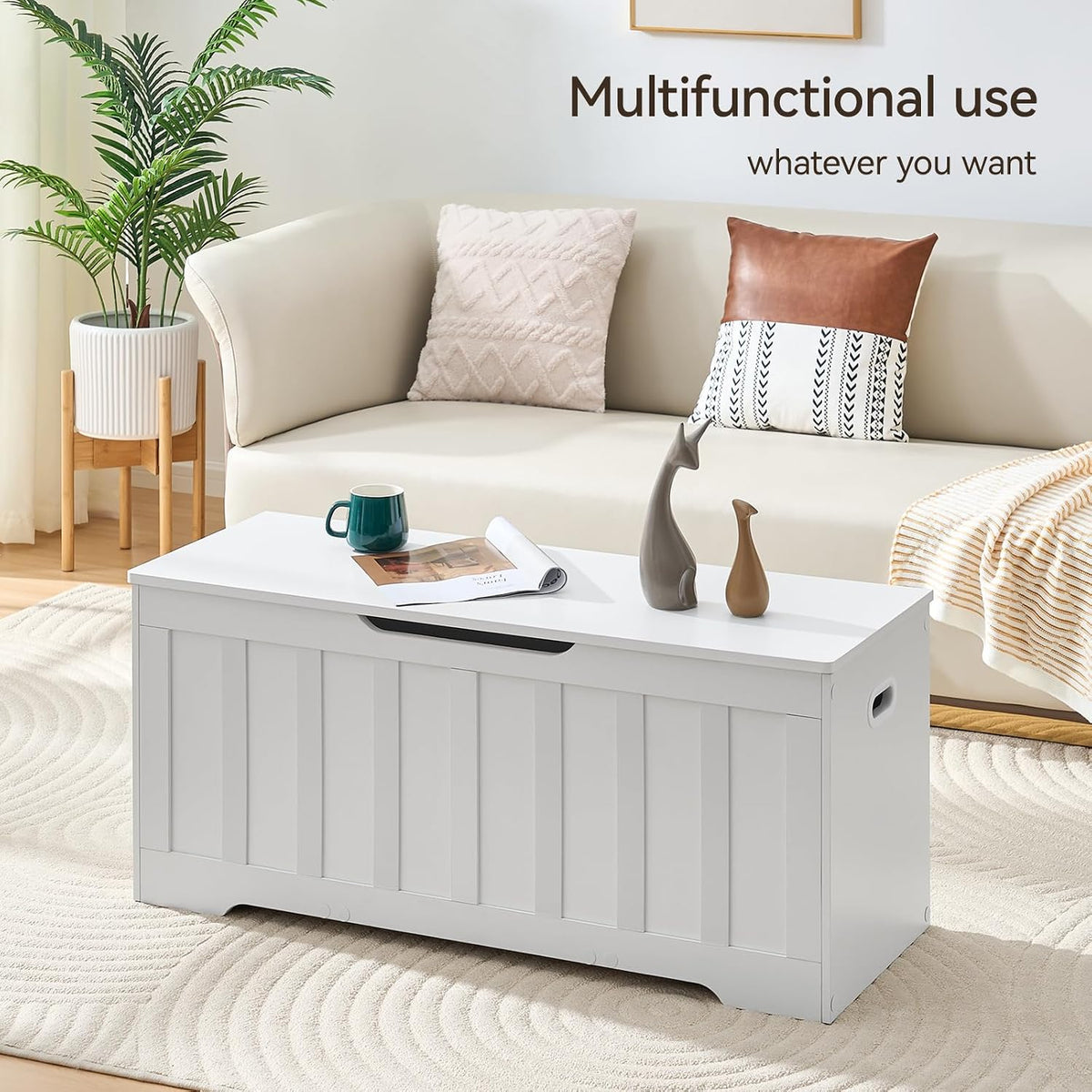 vankiley 43.3" storage chest extra large, storage bench.(white) showing dimensions