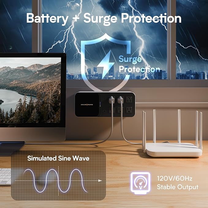 GOLDENMATE 600VA/360W Lithium UPS Battery Backup and Surge Protector, Backup