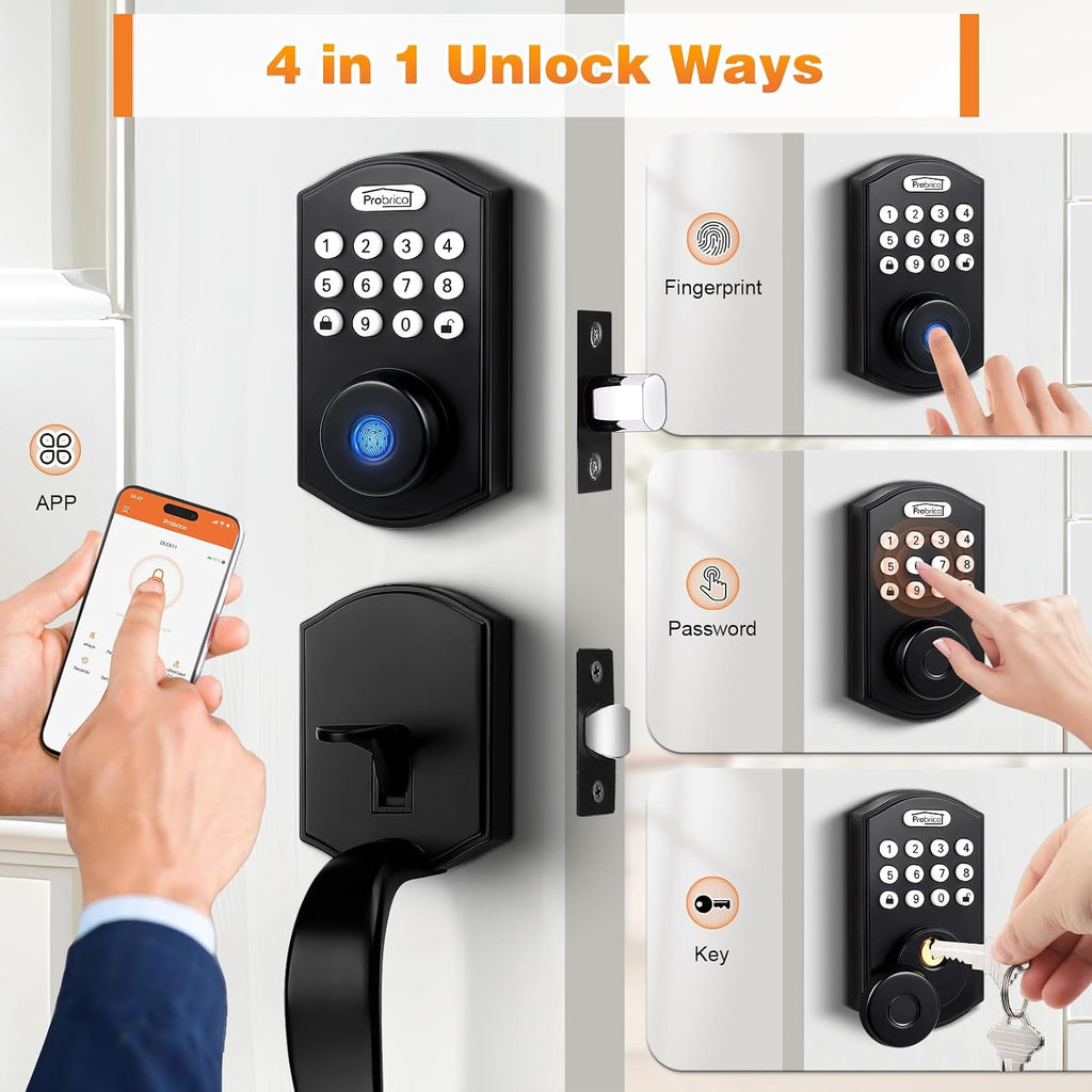 Probrico Smart Keyless Entry Door Lock Smart Locks for Front Door, Keypad Door Lock with Handle Fingerprint Deadbolt with Handle