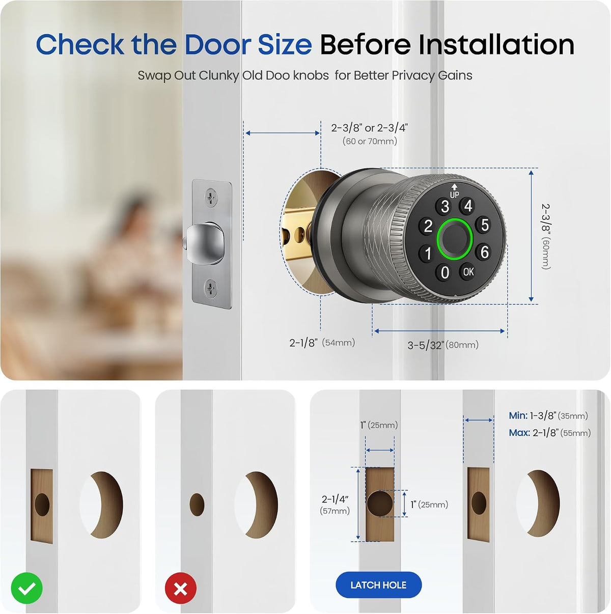 keypad door lock with knob, smart keyless entry, close-up detail