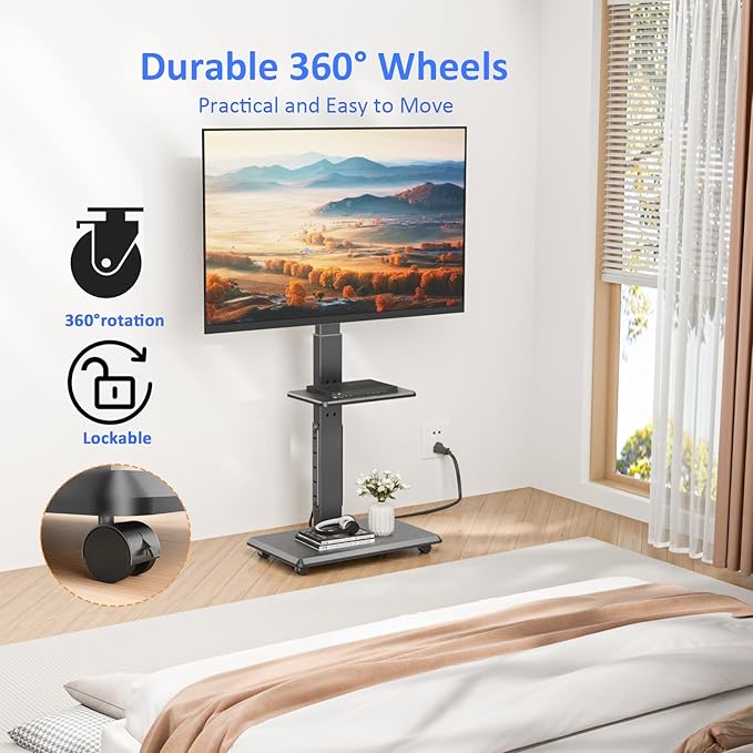 Rolling TV Stand with Power Outlet, Mobile TV Cart