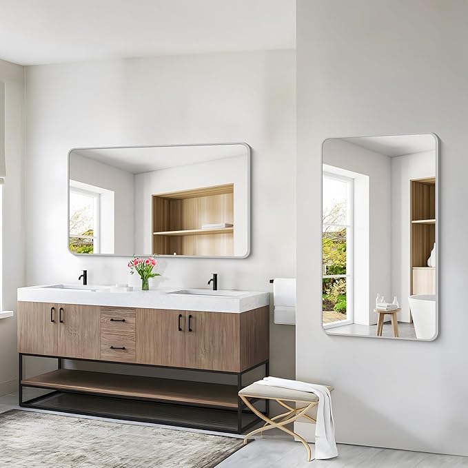 48x30 Inch Silver Bathroom Mirror, Metal Framed Silver Rectangle Mirrors