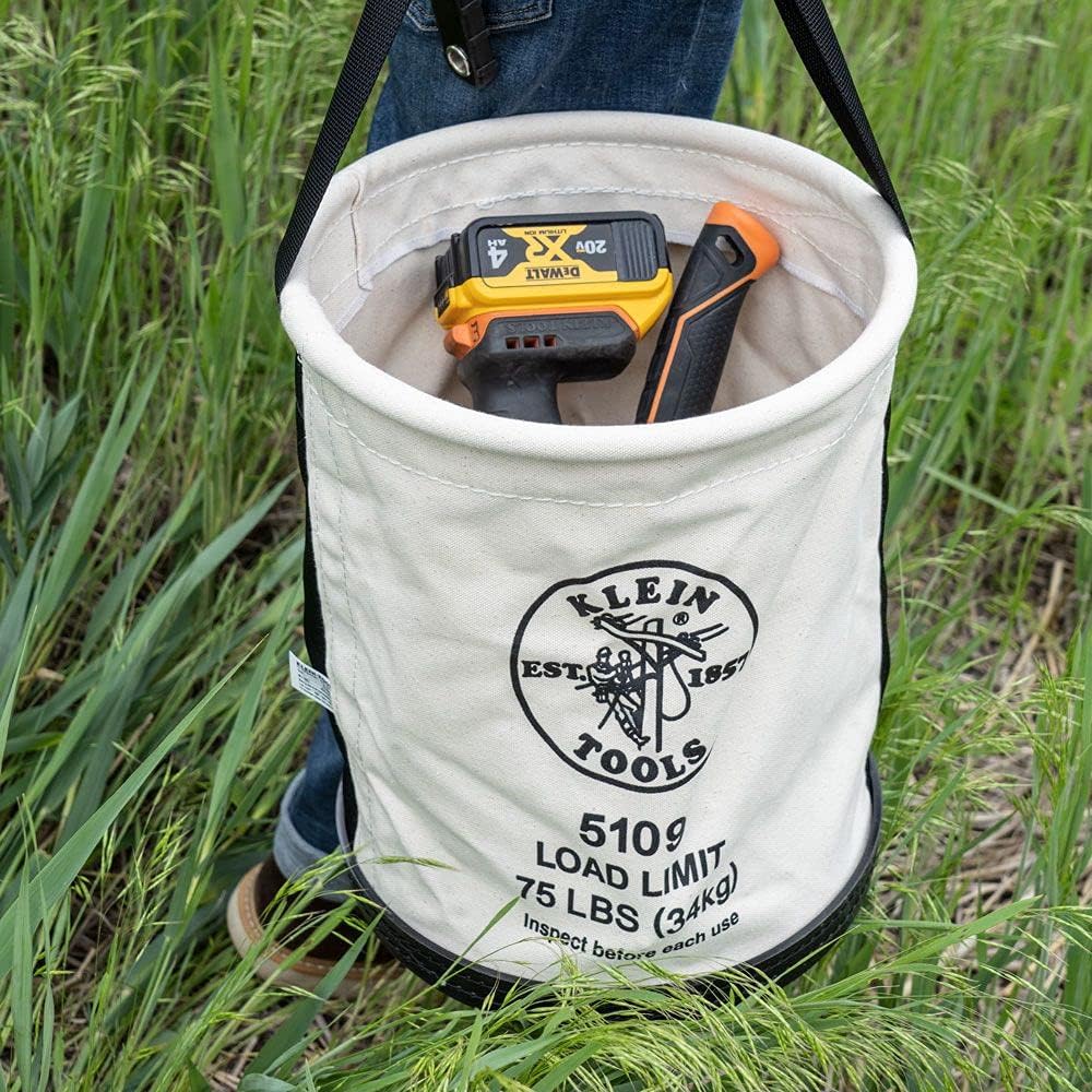 Klein Tools Canvas Bucket with Molded Bottom Holds 75-Pound Load and Klein Tools 1-1/16-Inch Broad-Head Bull Pin Forged from Heat-Treated Steel