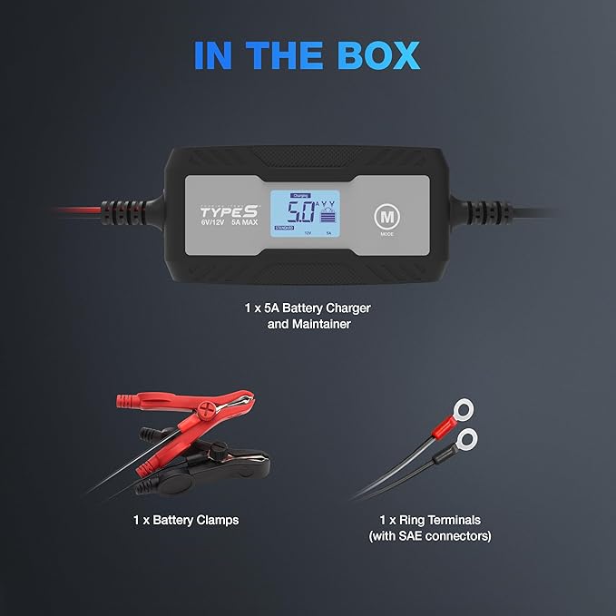 Type S 5A Smart Battery Charger & Maintainer – 6V & 12V Automatic Car Battery