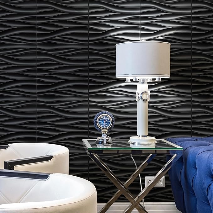STICKGOO Black 3D Wall Panels, Wave Design Textured PVC Wall Panels,