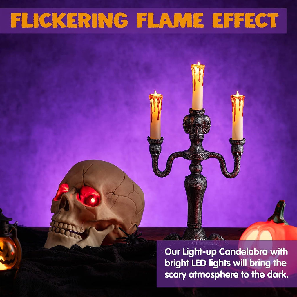 JOYIN 2 Pcs Skull Candelabra Halloween Decorations Indoor LED Lights Flameless Candles Holder, Scary Haunted House Mansion Decor for Table Home Party