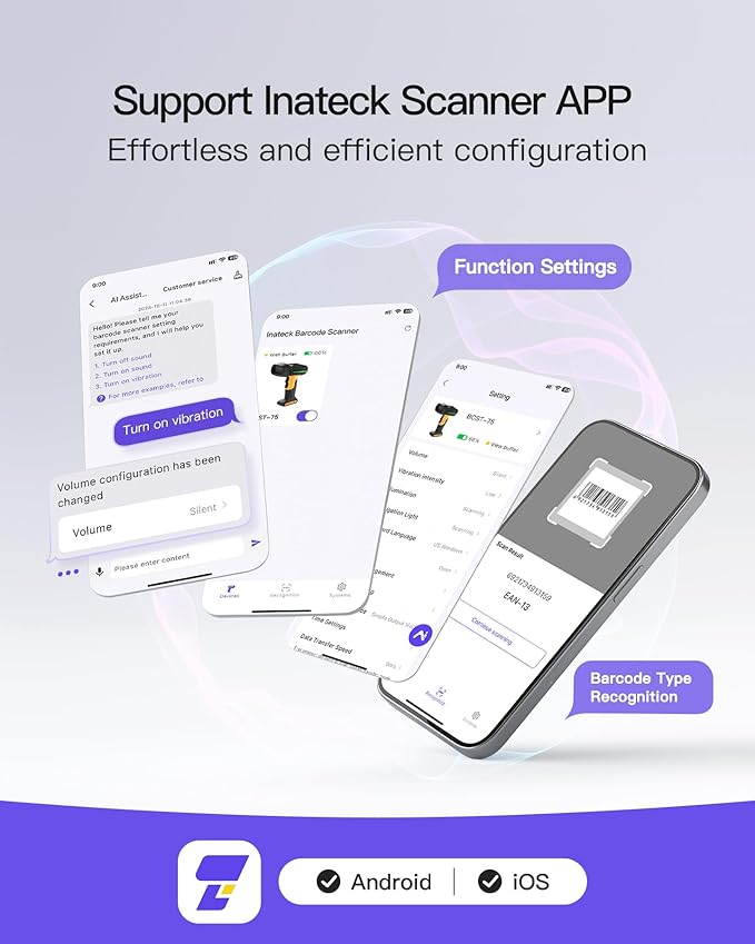 Inateck Industrial Barcode Scanner Bluetooth, 1D 2D QR Code Scanner Wireless