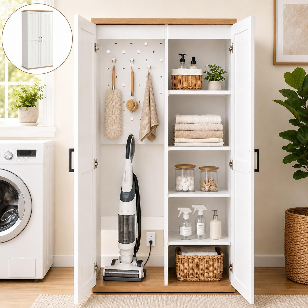 68.9" Wooden Broom Closet Storage Cabinet with Perforated Wood Panel and Doors, Utility Cabinet Built-in Bottom Openwork for Charging Device, Elegant Cleaning Storage Solution for Garage, Laundry