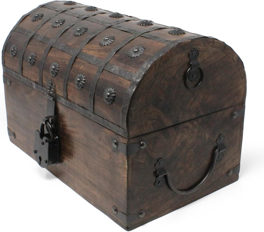 Nautical Cove Wooden Treasure Chest with Padded Velvet Lining and Antique Lock with Skeleton Keys (Large 13x8x8.75) – Luxury Wood Pirate Chest, Decorative Box with Lid, Wooden Lock Box, Pirate
