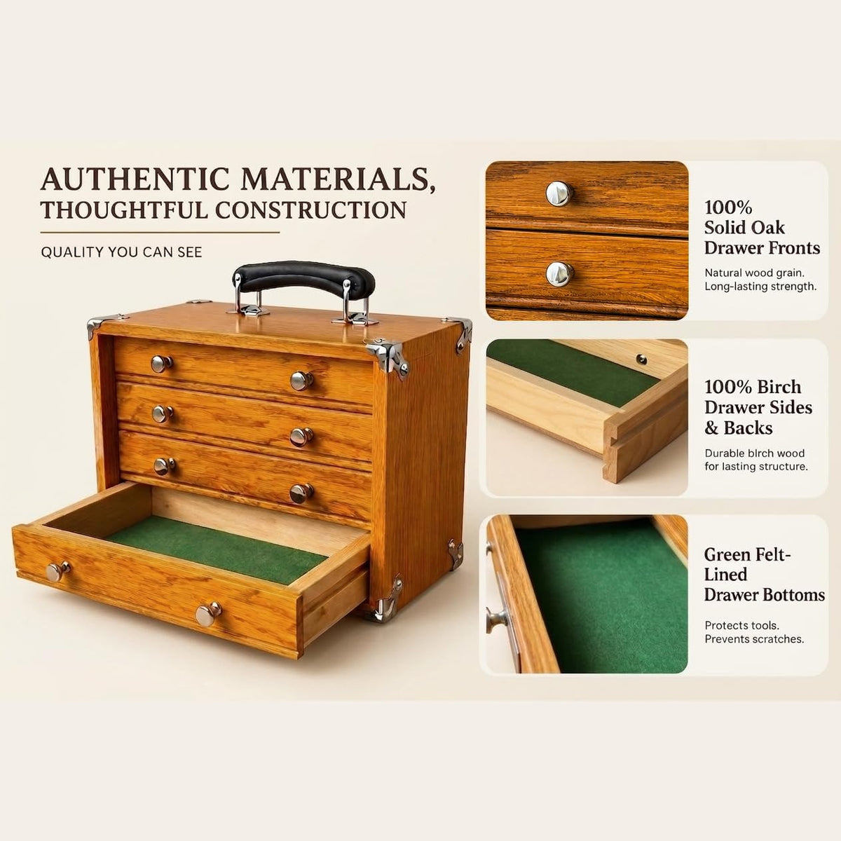 heritage 4-drawer desktop tool box, lock & felt showing dimensions