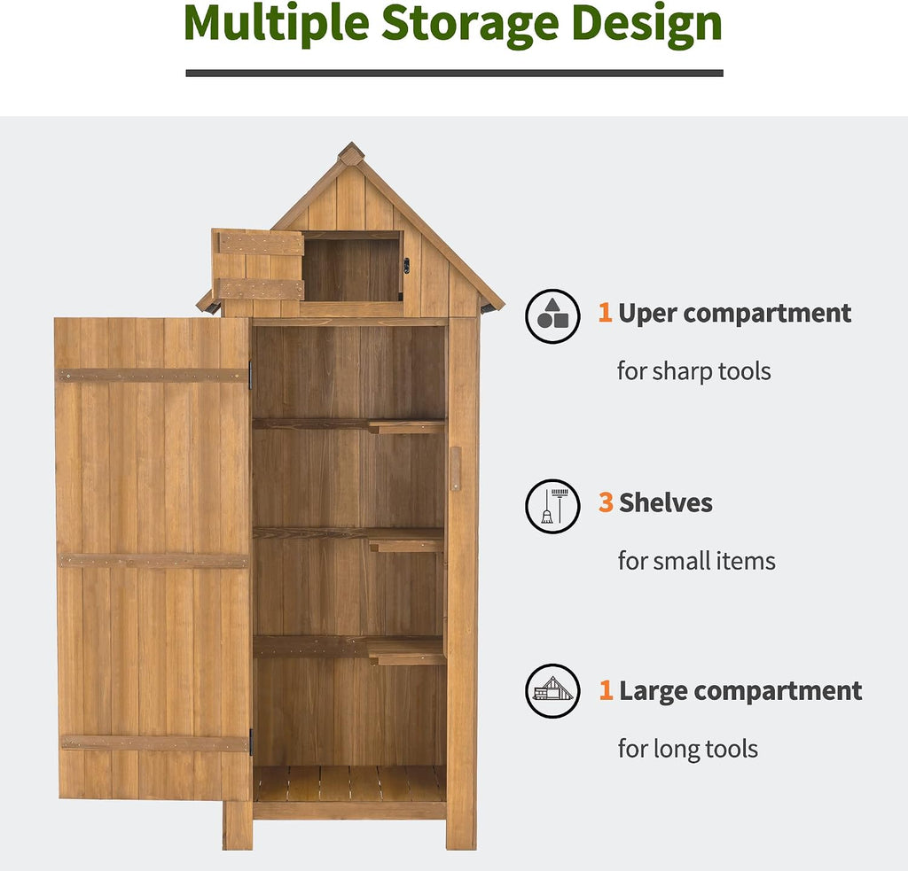 mcombo outdoor storage cabinet with shelves, wooden outside, side view