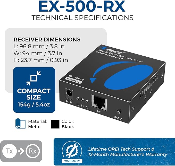 OREI Receiver only for EX-500-K 4K HDMI Extender Over IP CAT6 by One to Many