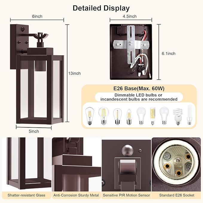 LTBLIGHT 2-Pack Motion Sensor Porch Lights Outdoor, Farmhouse Brown Dusk to