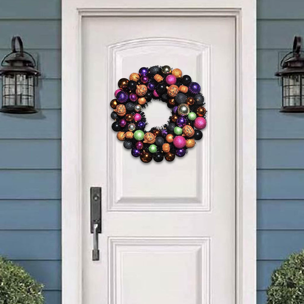 18 Inch Halloween Ball Wreath with Lights and Pumpkin Ornaments