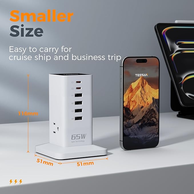 USB Charging Station for Multiple Devices PD 65W, TESSAN 9-in-1 USB C Charger