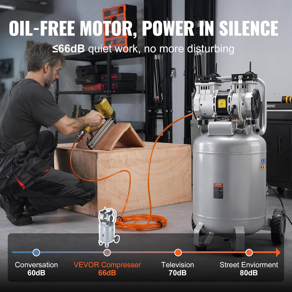 VEVOR 13-Gallon Air Compressor, 2HP, 4.6 SCFM@90PSI, Oil-Free Tank, 66dB Quie...