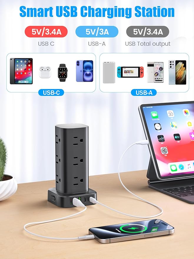 Tower Power Strip with 15W Wireless Charger, 10FT Flat Plug Extension Cord with