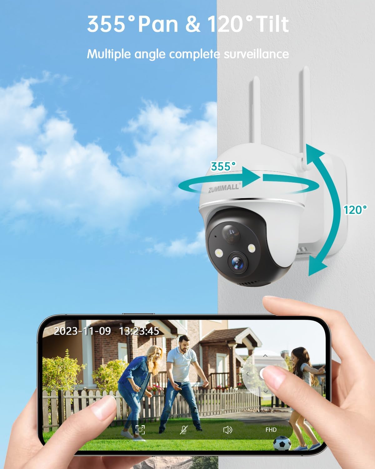 zumimall 2k security cameras wireless outdoor, battery powered shown in use