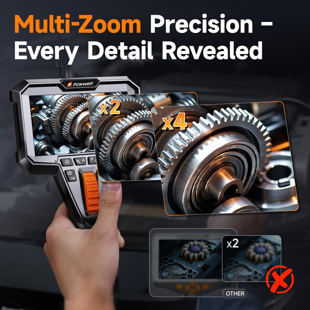 foxwell 2-way 220° articulating borescope camera with light, front angle view