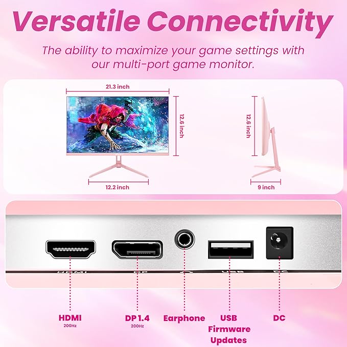 SKitphrati Pink 24 inch Gaming Monitor 200Hz Refresh Rate FHD 1080p Resolution