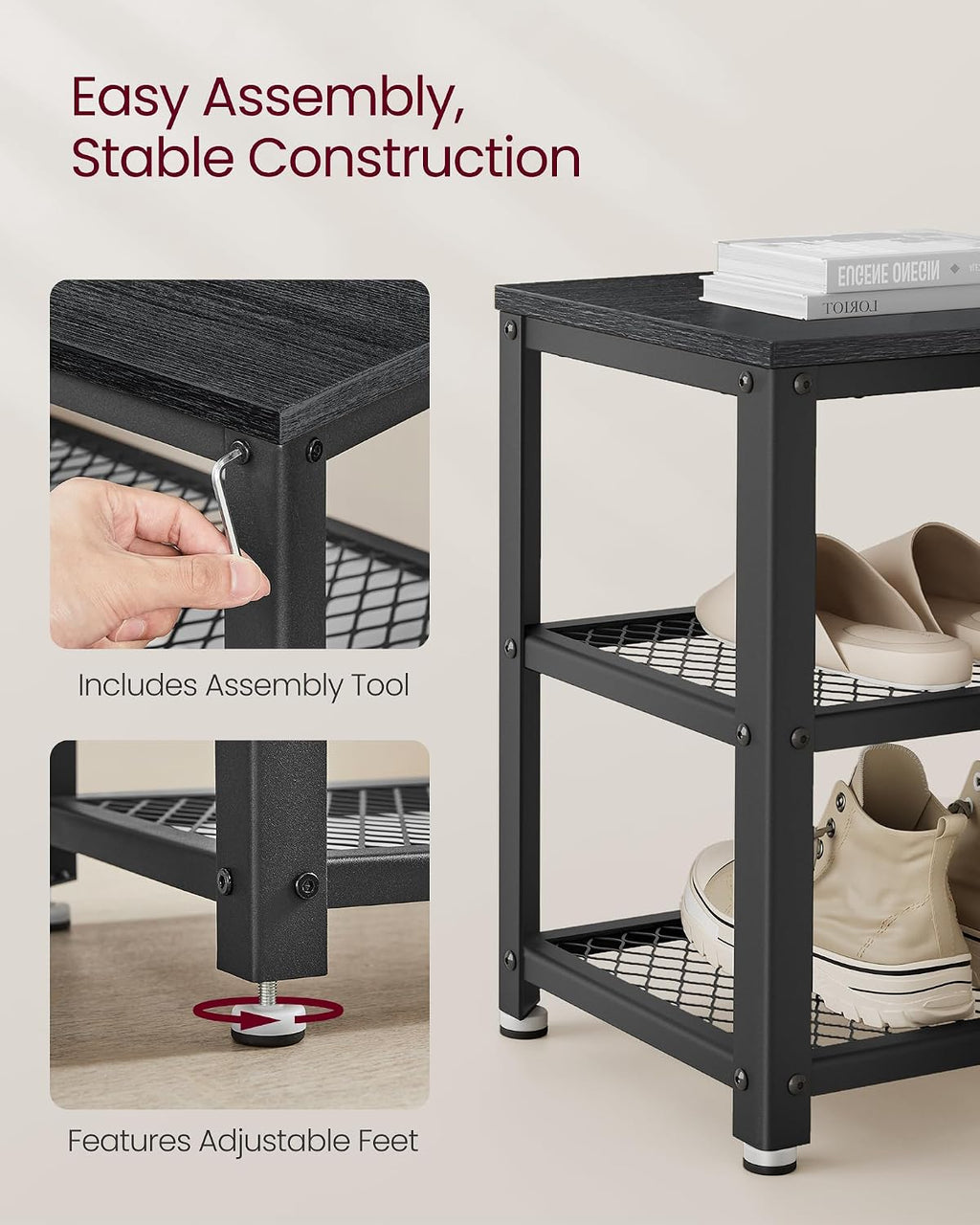 vasagle 3-tier shoe rack, storage bench with metal, package contents