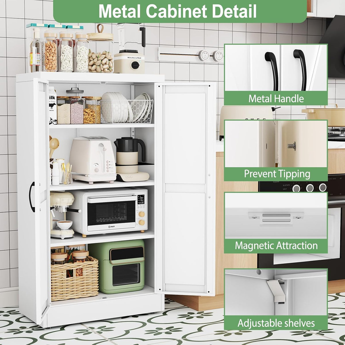 ckzbx white metal cabinets with doors and shelves, side view
