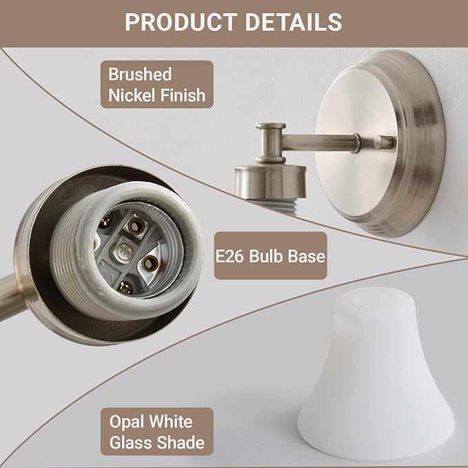 LOUSACE 2 Pack 1-Light Brushed Nickel Bathroom Lighting Fixtures Vintage