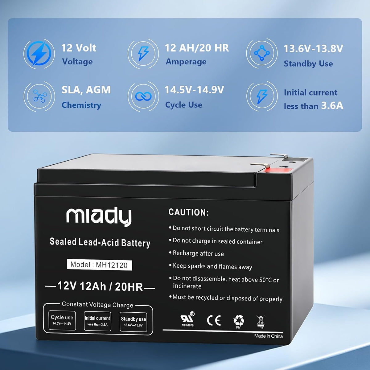 miady 12v 12ah rechargeable sealed lead acid battery on a desk or shelf