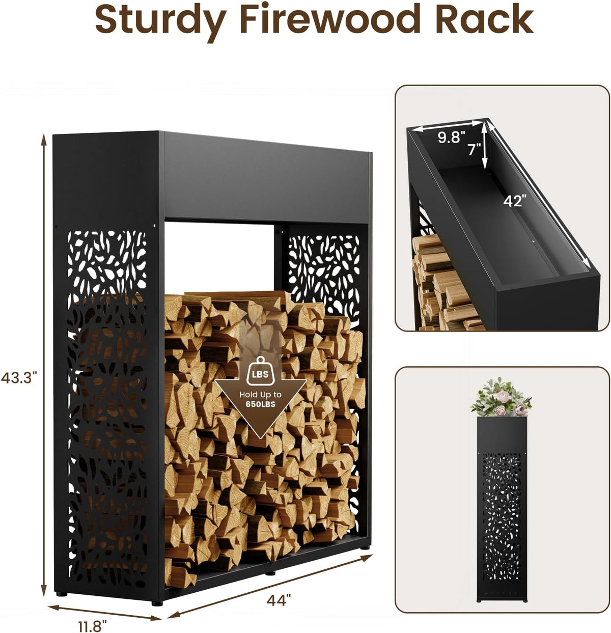 4ft firewood rack outdoor, fire wood log storage showing dimensions