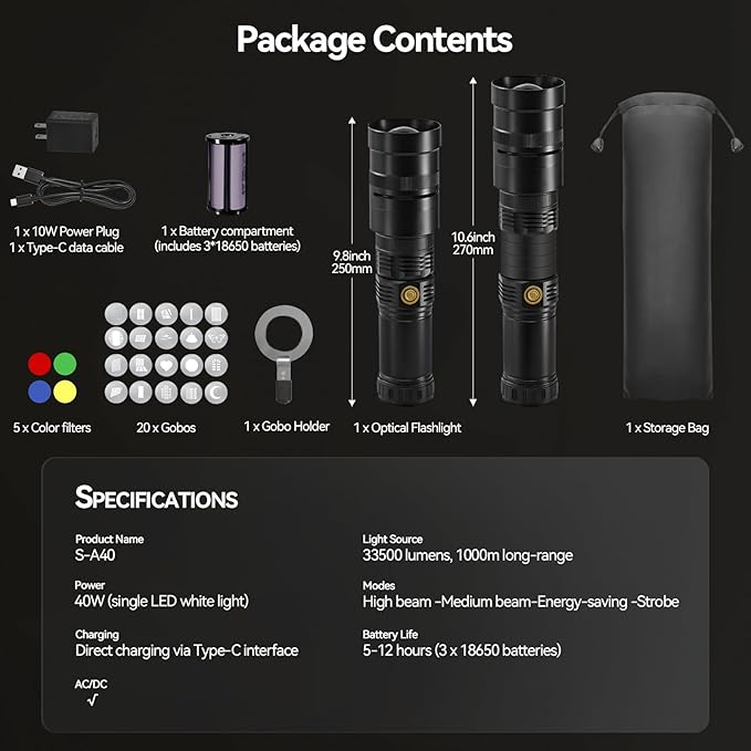 Alluneitter 40W LED Photography Flashlight Aluminum, Professional Imaging Lens