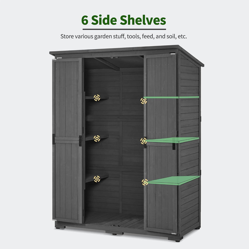 macrout outdoor storage cabinet with shelves, wood garden showing dimensions