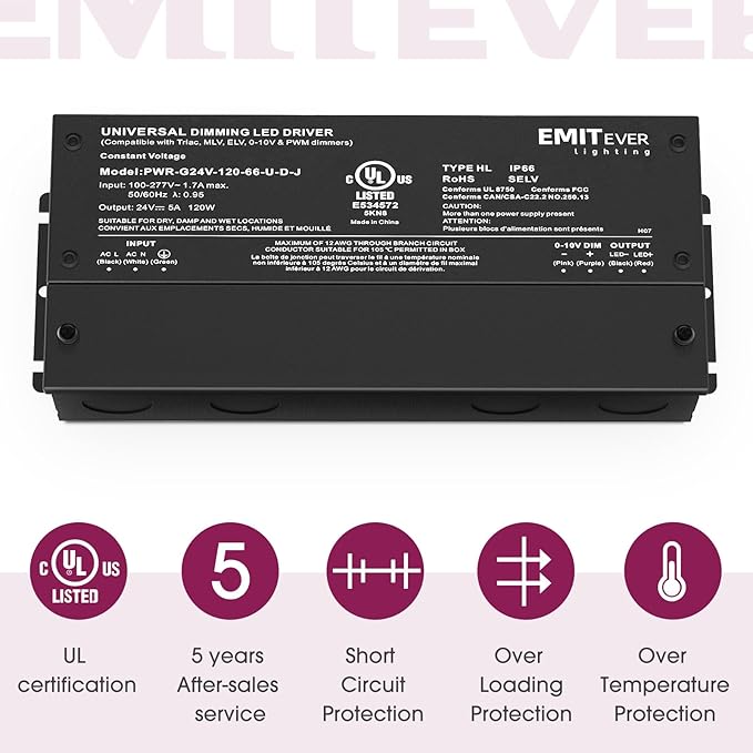 EMITEVER Dimmable Led Driver, 2 Packs 120W AC 110V-277V to DC 24V Transformer