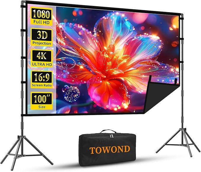 Projector Screen with Stand, TOWOND 100 inch Portable Projector Screen Black