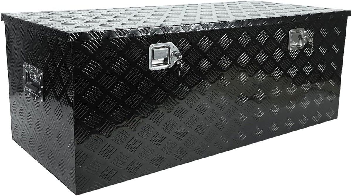 confote 48 Inch Heavy Duty Aluminum Stripes Plated Tool Box Pick Up Truck Bed RV Trailer Toolbox Square Storage Organizer with Side Handle, Lock and Keys, Waterproof -48"x 19.5"x 17.5"，Black