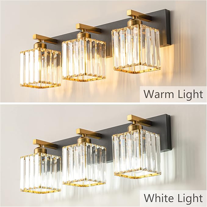 FDPBY Modern Bathroom Vanity Light 3-Lights Black Gold Crystal Bathroom Wall