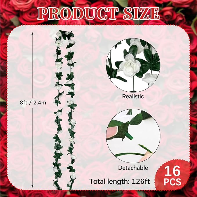 16Pcs 126Ft White Rose Garland, Fake Rose Hanging Flowers, Artificial Flower Vine, Hanging Floral Vine Garland for Wedding, Birthday Party, Wall Arch, Halloween, Christmas Garden Backdrop Decor