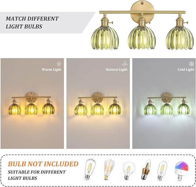 Shenmoyl Bathroom Light Fixtures, 3-Light Brass Vanity Wall Light Over Mirror