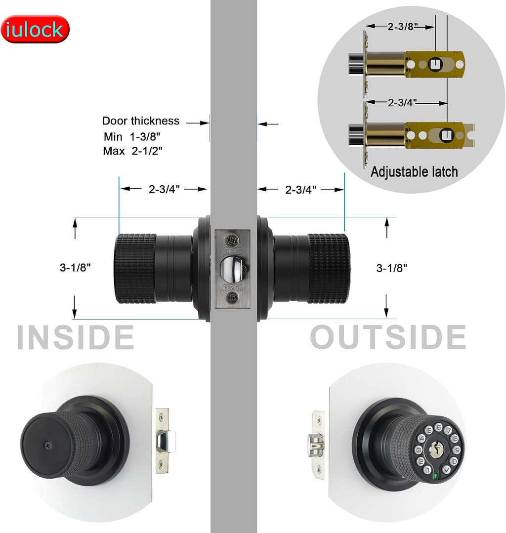 iulock smart door knob with keypad and key,keyless showing dimensions