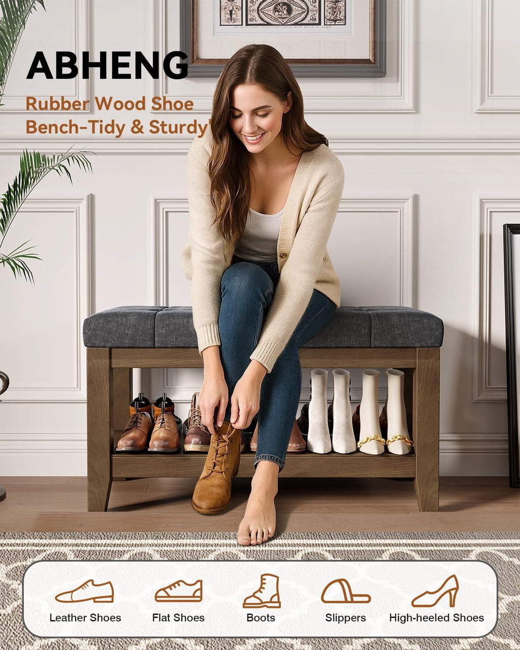 abheng solid rubber wood shoe bench, soft chenille, close-up detail
