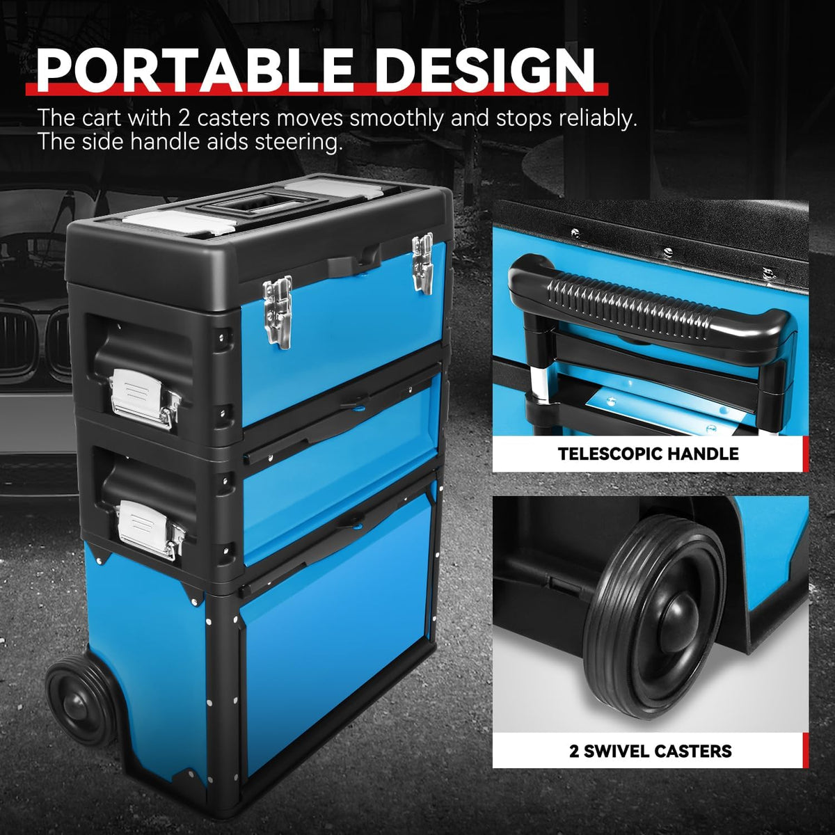 auto dynasty 3-tier rolling trolley tool box stackable, package contents