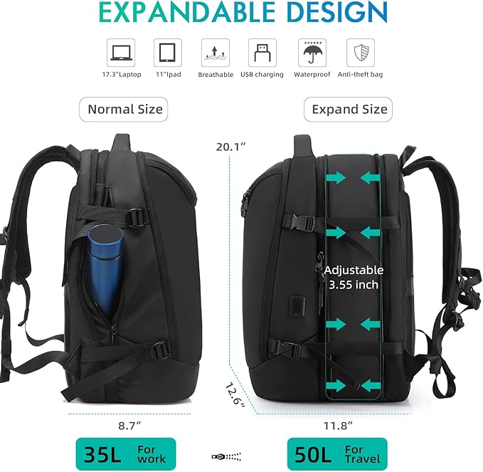 Travel Carry on Backpack 50L Expandable Flight Approved Backpacks 17.3 inch