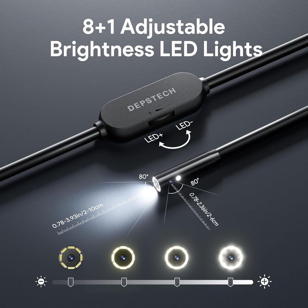 depstech 2k endoscope camera with light, dual lens showing dimensions