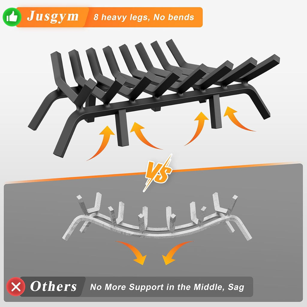 Jusgym Fireplace Grate 30 Inch with 8 Support Legs and Fire Tongs & Poker