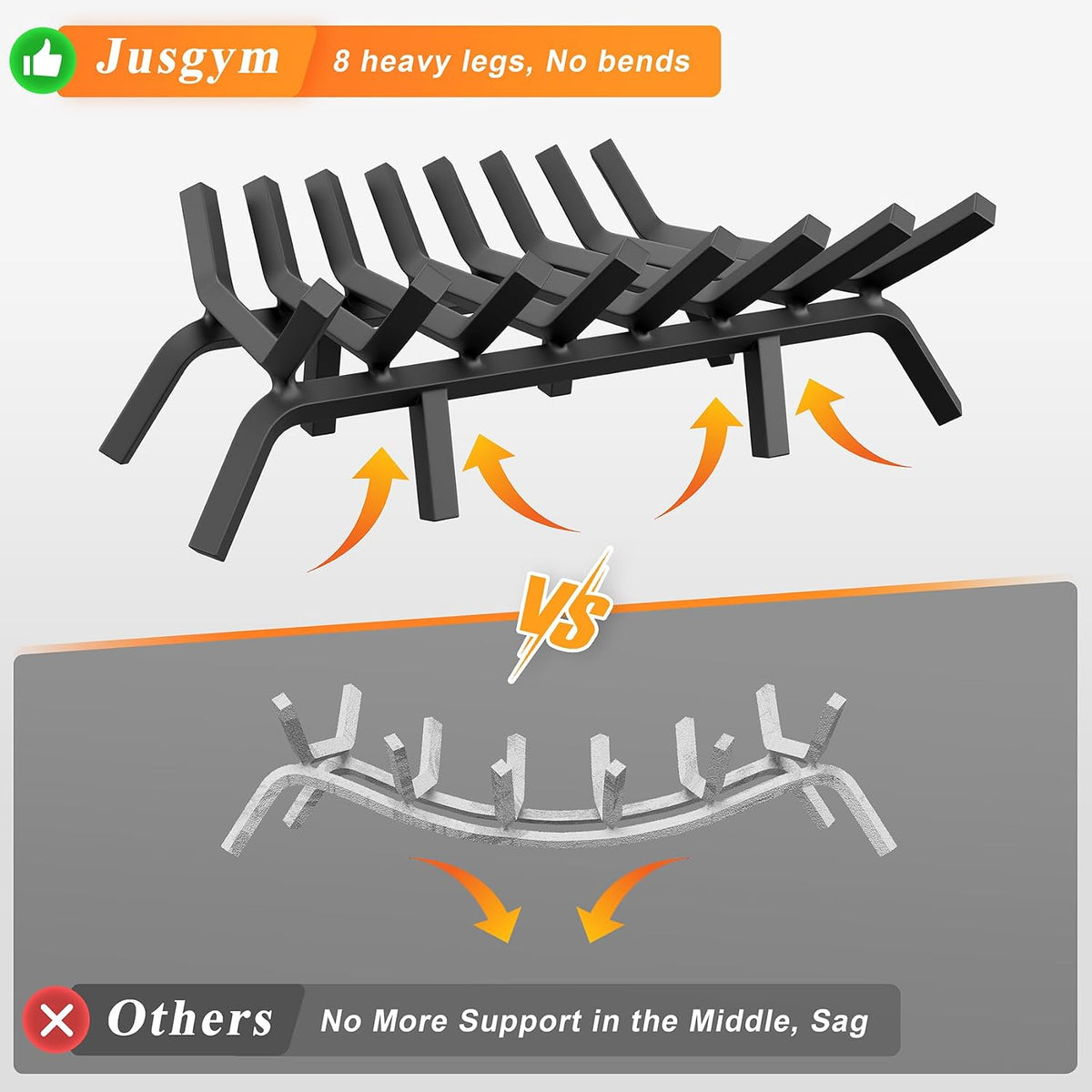 Jusgym Fireplace Grate 30 Inch with 8 Support Legs and Fire Tongs & Poker