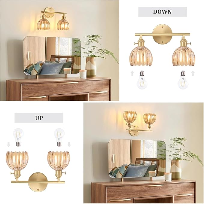 Shenmoyl Bathroom Light Fixtures, 2-Light Brass Vanity Wall Light Over Mirror