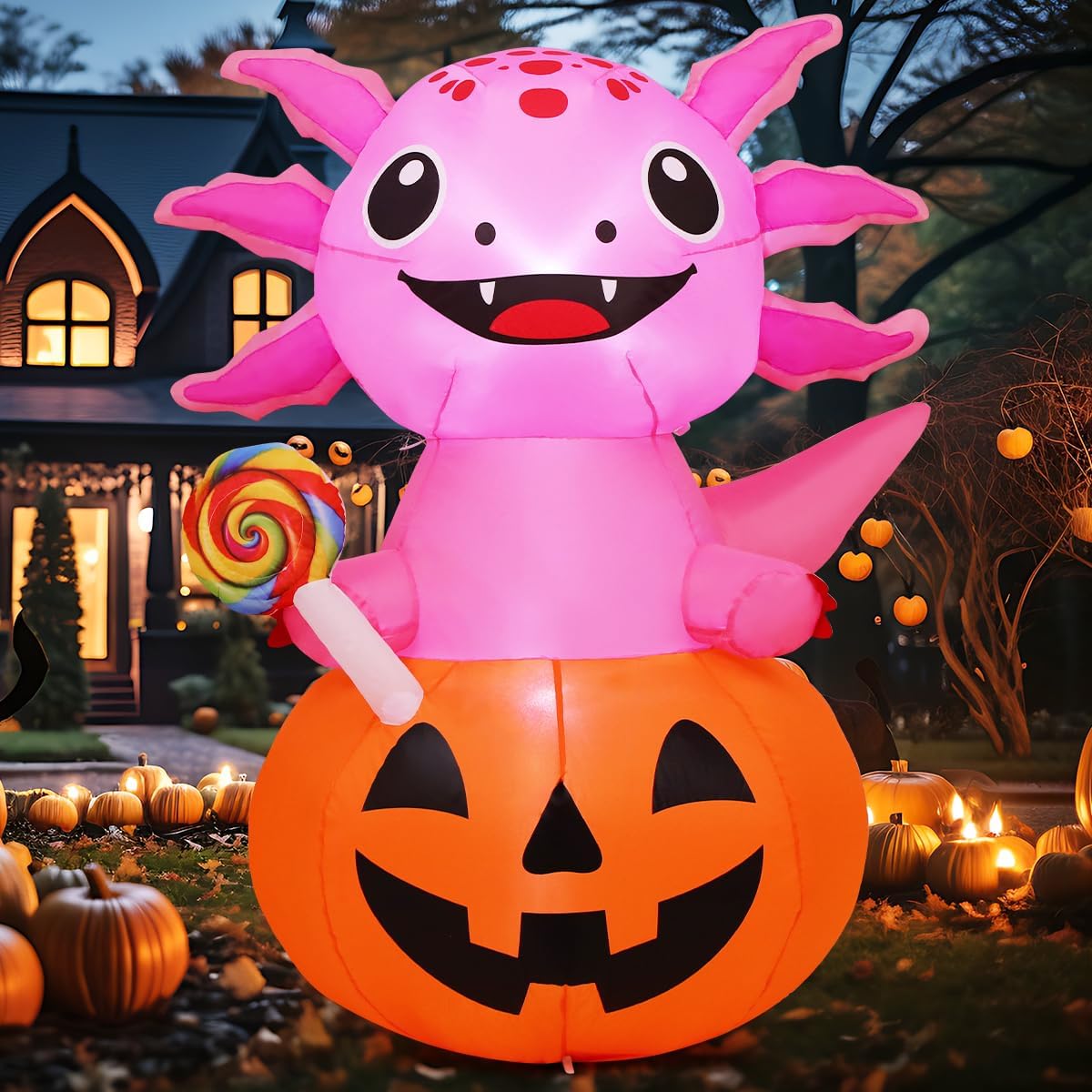 COMIN 5 FT Halloween Inflatables Axolotl Pumpkin Outdoor Decorations Blow Up Yard with Built-in LEDs for Indoor Party Garden Lawn Decor