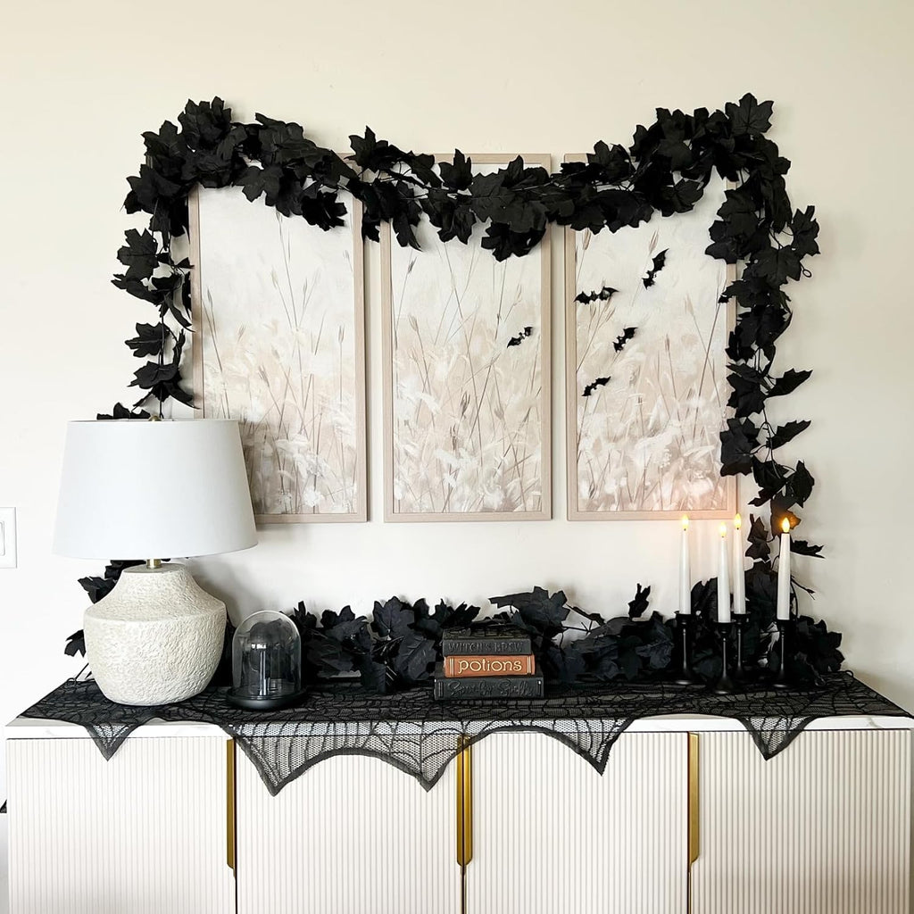 CQURE Black Maple Leaf Garland, 12PCS Halloween Garland Maple Leaves Fall Leaves Hanging Vines Halloween Thanksgiving Decor for Home Table Front Porch