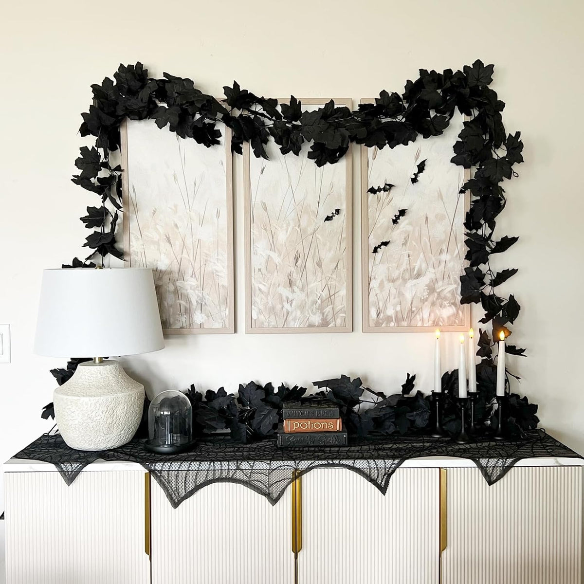 CQURE Black Maple Leaf Garland, 12PCS Halloween Garland Maple Leaves Fall Leaves Hanging Vines Halloween Thanksgiving Decor for Home Table Front Porch