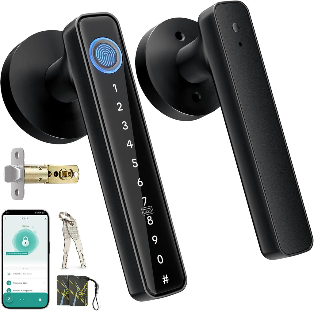 Smart Fingerprint Door Lock with Keypad, Keyless Entry Door Knob with Handle, Biometric Door Lock for Bedroom/Front Door/Apartment, APP Remote Control Black
