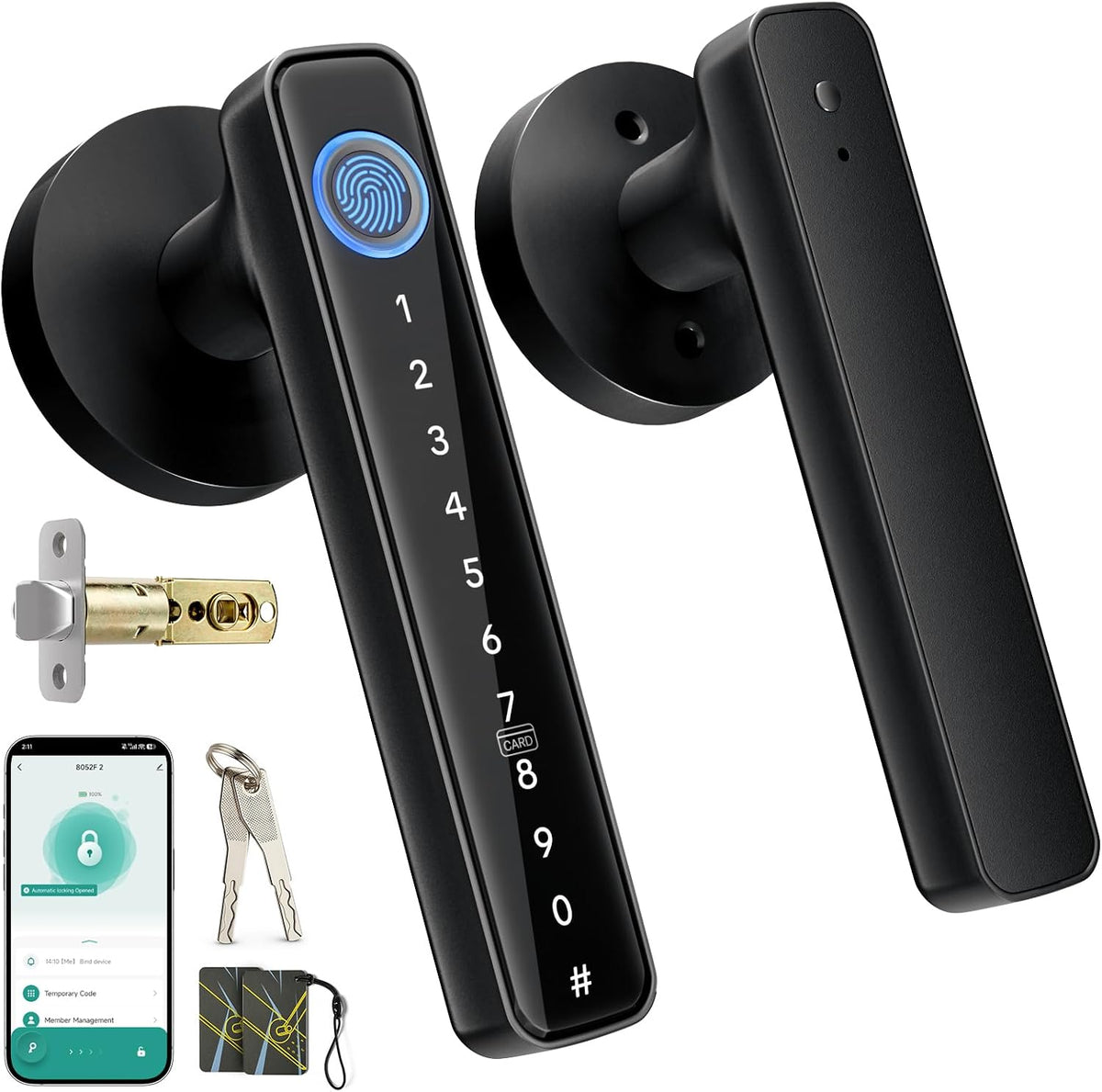 Smart Fingerprint Door Lock with Keypad, Keyless Entry Door Knob with Handle, Biometric Door Lock for Bedroom/Front Door/Apartment, APP Remote Control Black